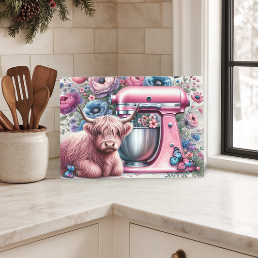 Pink Mixer & Highland Cow Glass Chopping Board – A4