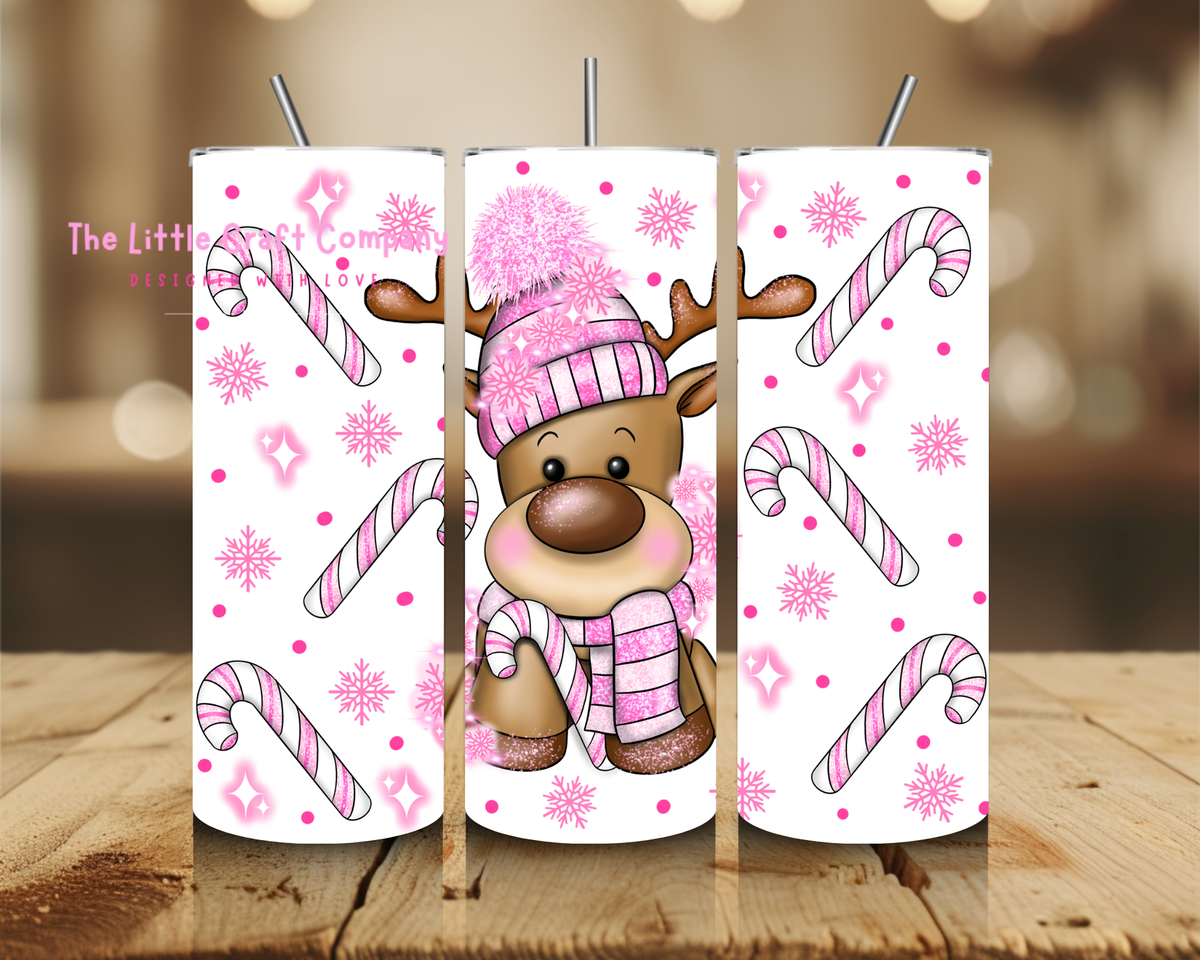 Pink Candy Cane Reindeer Christmas Tumbler