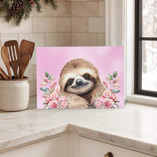 Floral Sloth Glass Chopping Board – A4