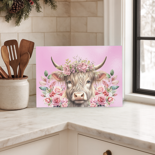 Floral Highland Cow Glass Chopping Board – A4 (Pink Background)