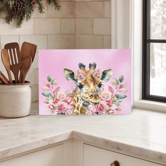 Floral Giraffe Glass Chopping Board – A4