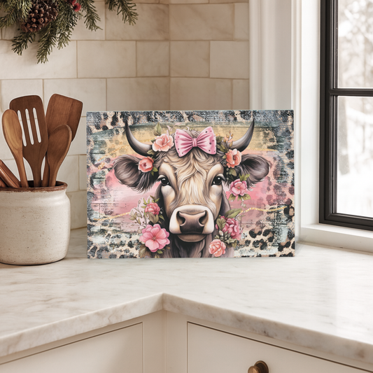 Floral Highland Cow Glass Chopping Board – A4